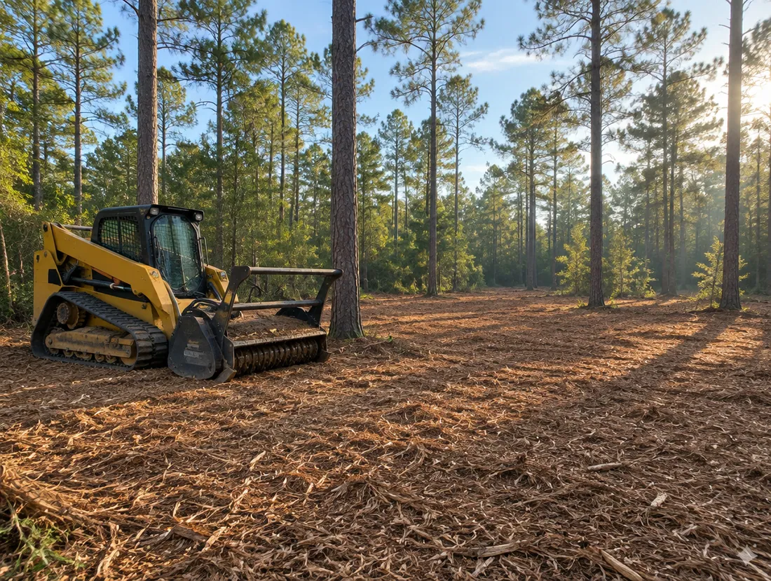 Forestry mulcher clearing pine underbrush