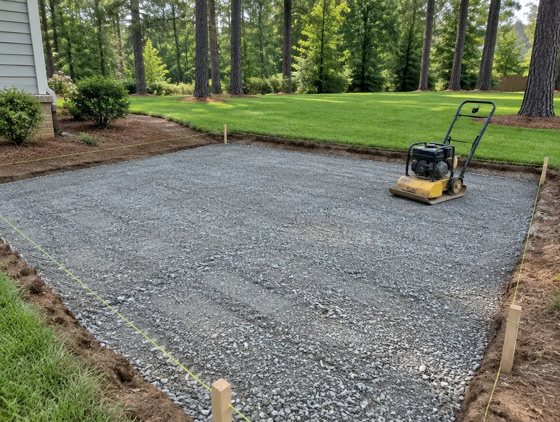 Compacted gravel base prepared for a patio