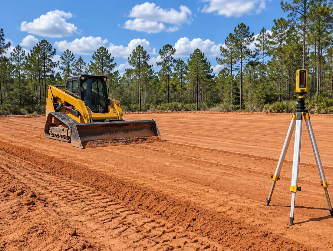 Track loader grading a flat building pad